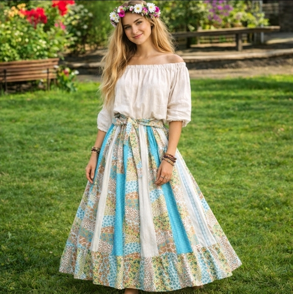 Vtg Patchwork Hand Crafted Maxi Skirt  Multicolor Festival Bohemian Woodstock L - Picture 10 of 10